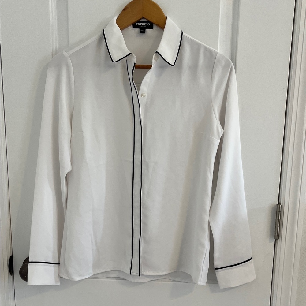 Express White Button-Down Blouse with Black Trim